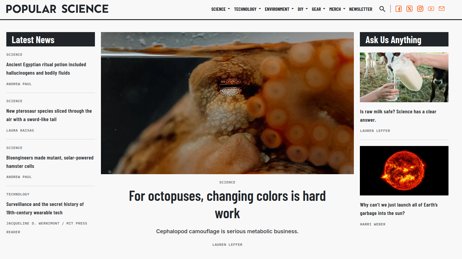 Popular Science article on octopus color change
